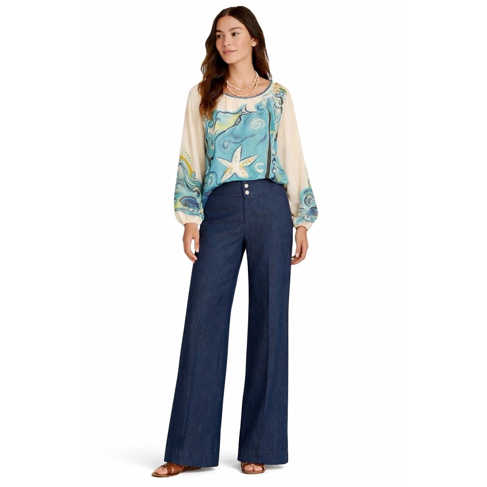 Sandro Womens 12 Chambray Wide Leg Trouser Pants Dark Wash High Rise Stretch - Picture 14 of 16